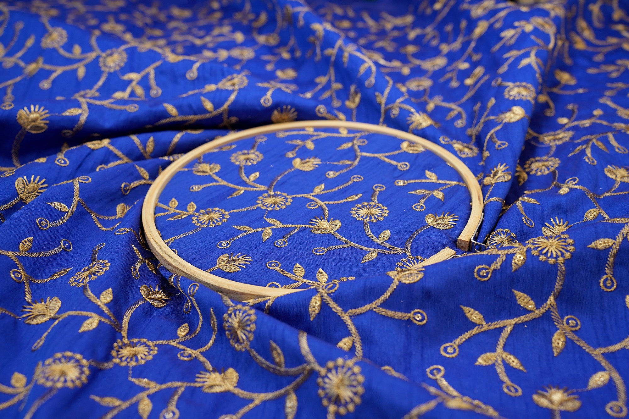 Royal Blue Silk dupion with Zari & Glitter Sequins Floral Delight