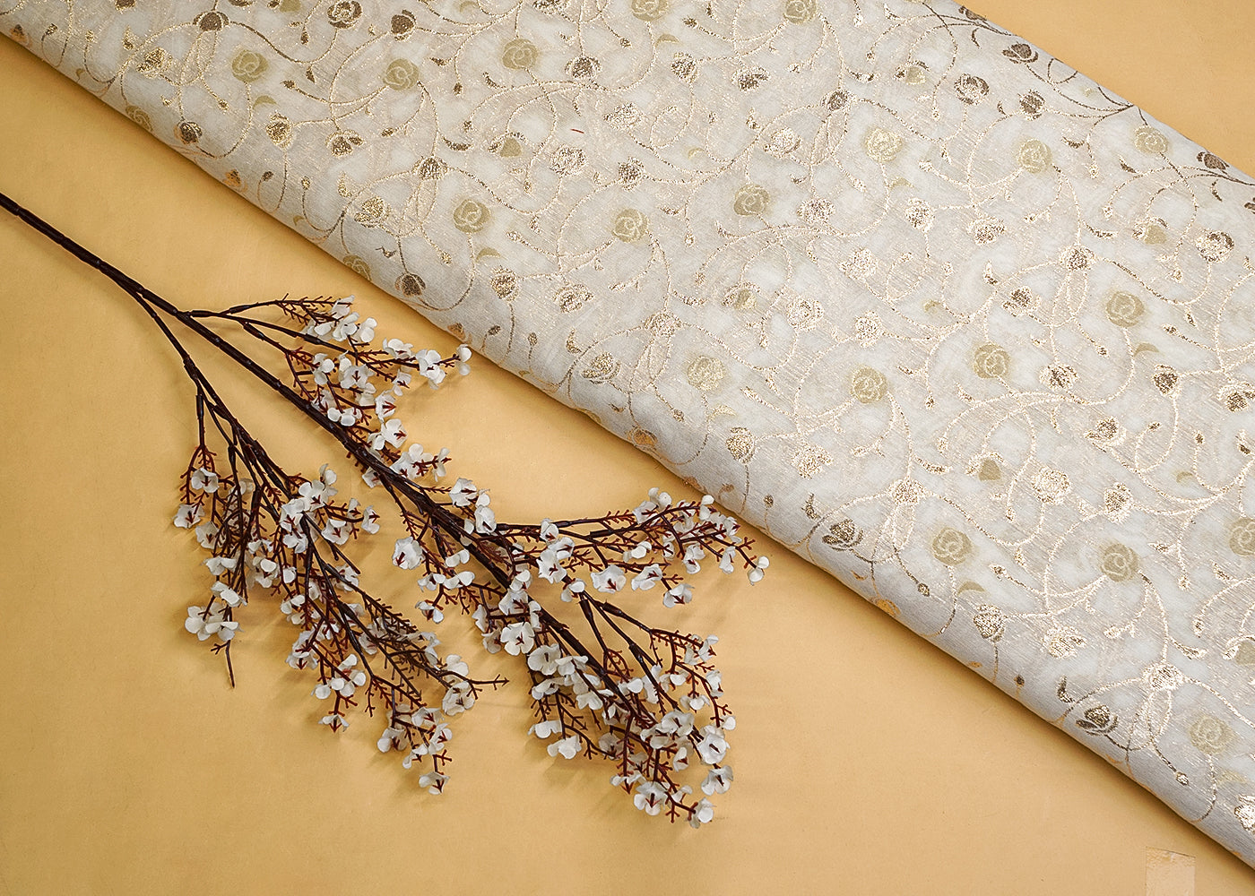 Golden Radiance Chanderi Fabric with All-Over Pattern of Golden Badla Zari Work