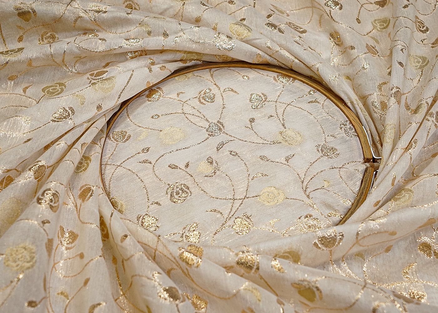 Golden Radiance Chanderi Fabric with All-Over Pattern of Golden Badla Zari Work