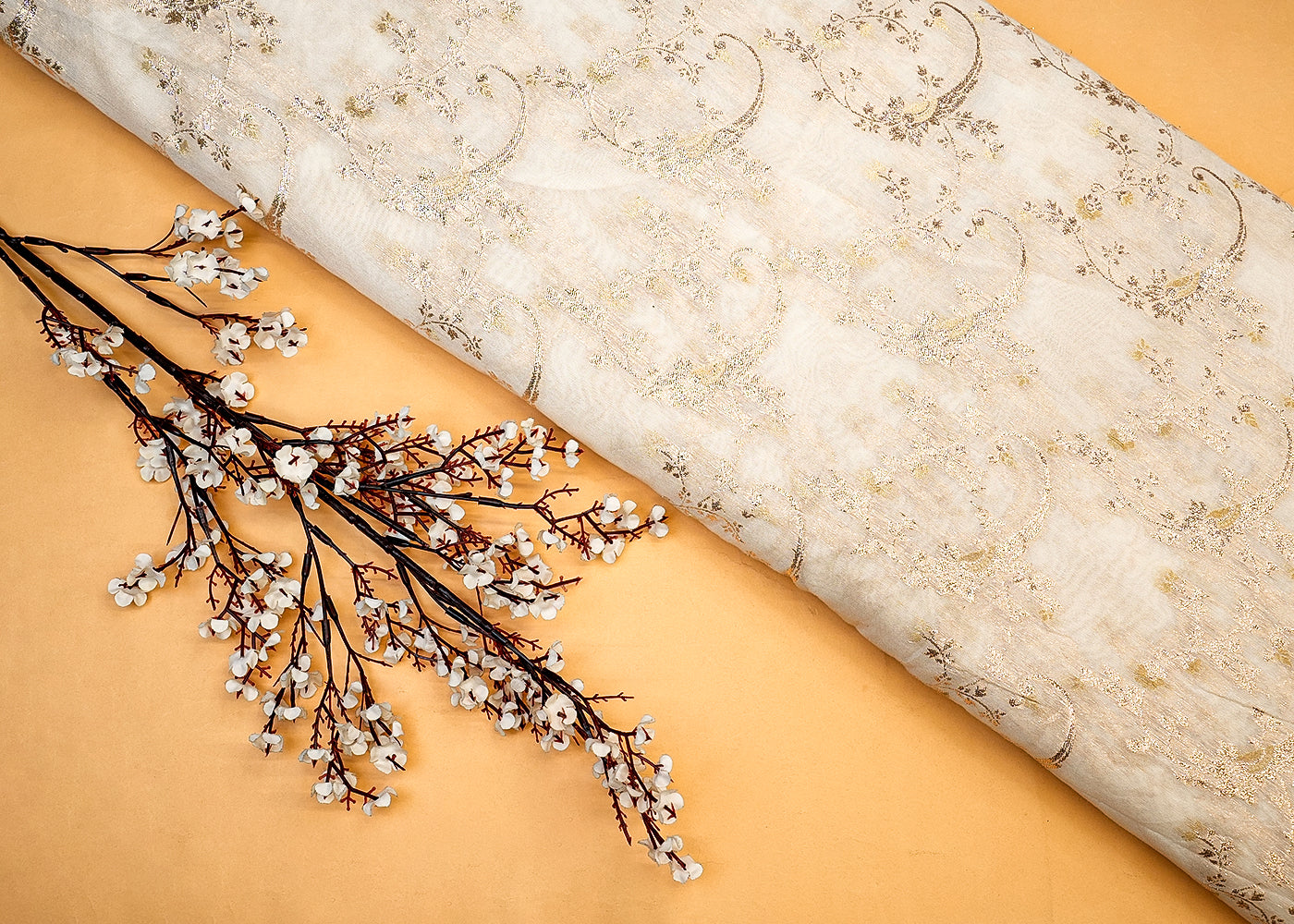Golden Radiance Chanderi Fabric with All-Over Pattern of Golden Badla Zari Work