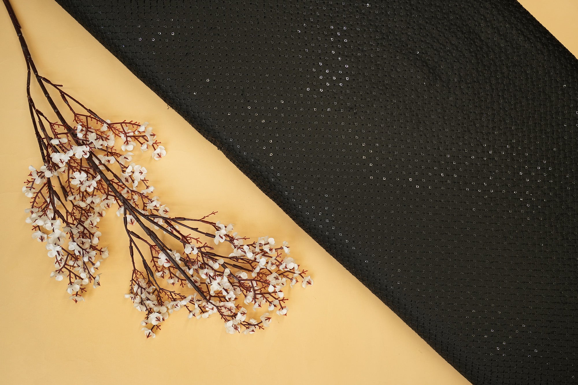 Black Satin Silk with Thread Work & Sequins Geometric Elegance-Paras Gallery Fabrics