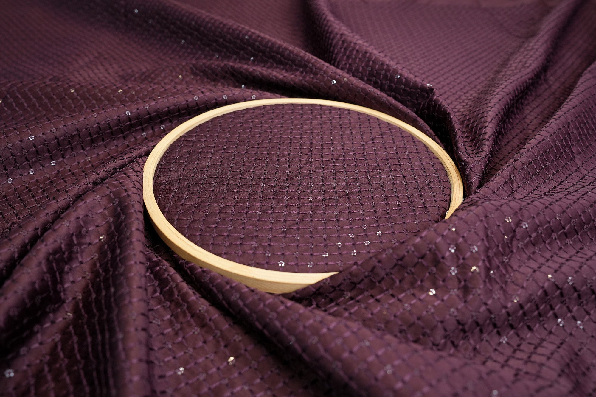 Wine satin silk fabric with thread work and sequins featuring geometric elegance - Paras Gallery Fabrics
