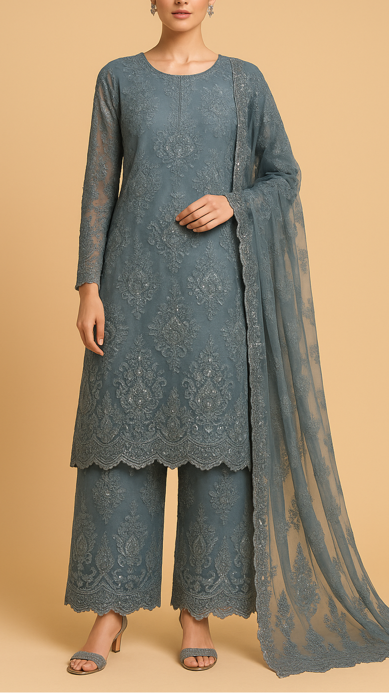 Grey Imported Net Fabric With All Over Sequins & Katdana Handwork with Scalloped Elegance | 12349