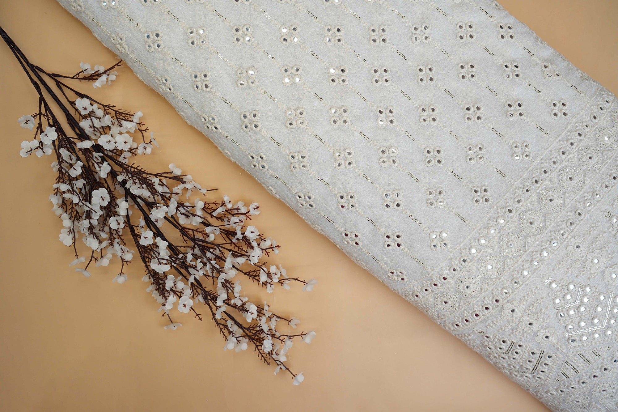 Golden Sequin & Faux Mirror Embellished White Georgette with Border- Paras Gallery Facrics