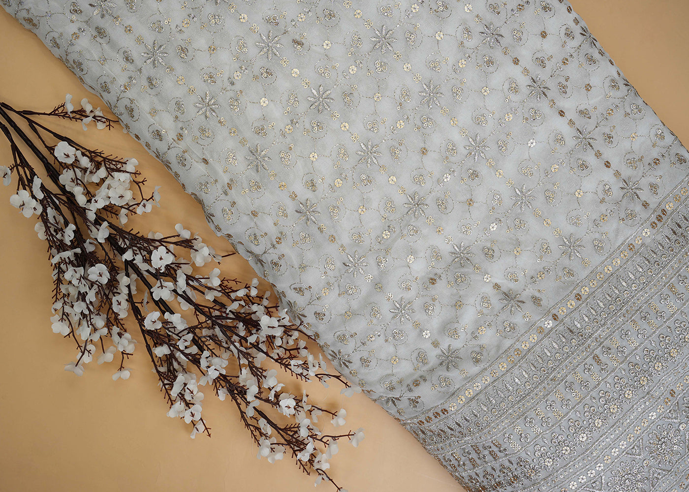 Traditional Pattern Golden Zari With Matte Sequins Embroidered Georgette Fabric With Border