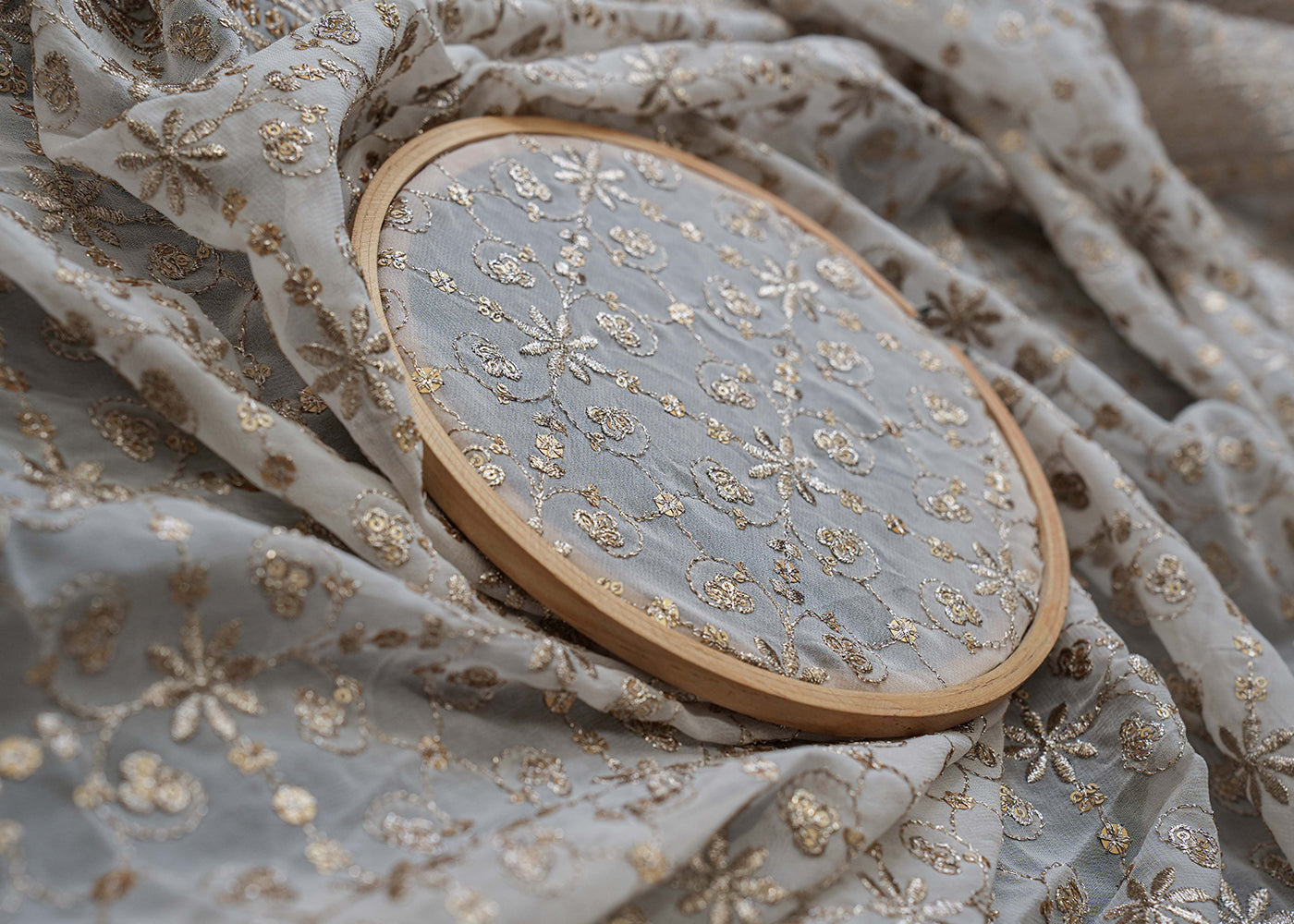 Traditional Pattern Golden Zari With Matte Sequins Embroidered Georgette Fabric With Border