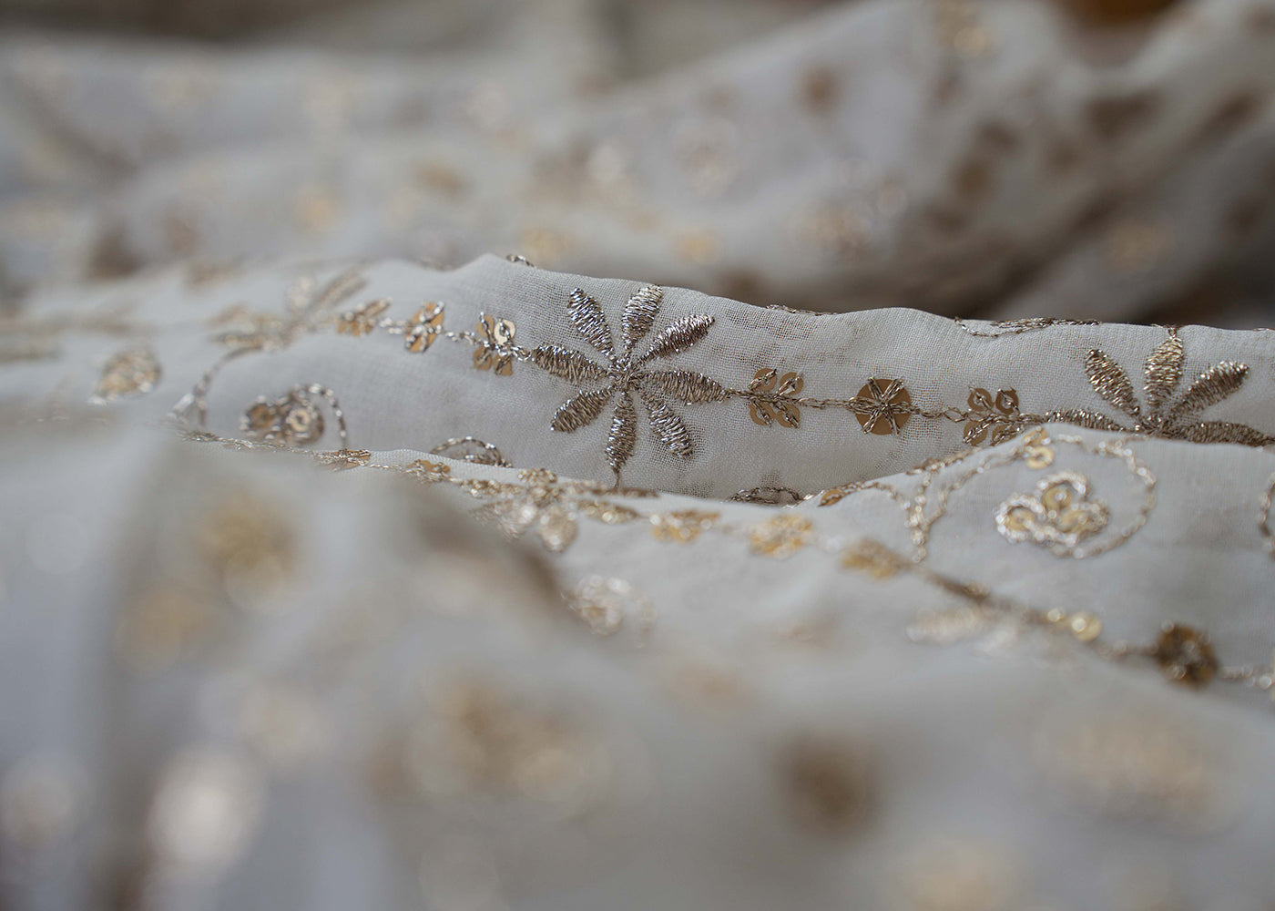 Traditional Pattern Golden Zari With Matte Sequins Embroidered Georgette Fabric With Border