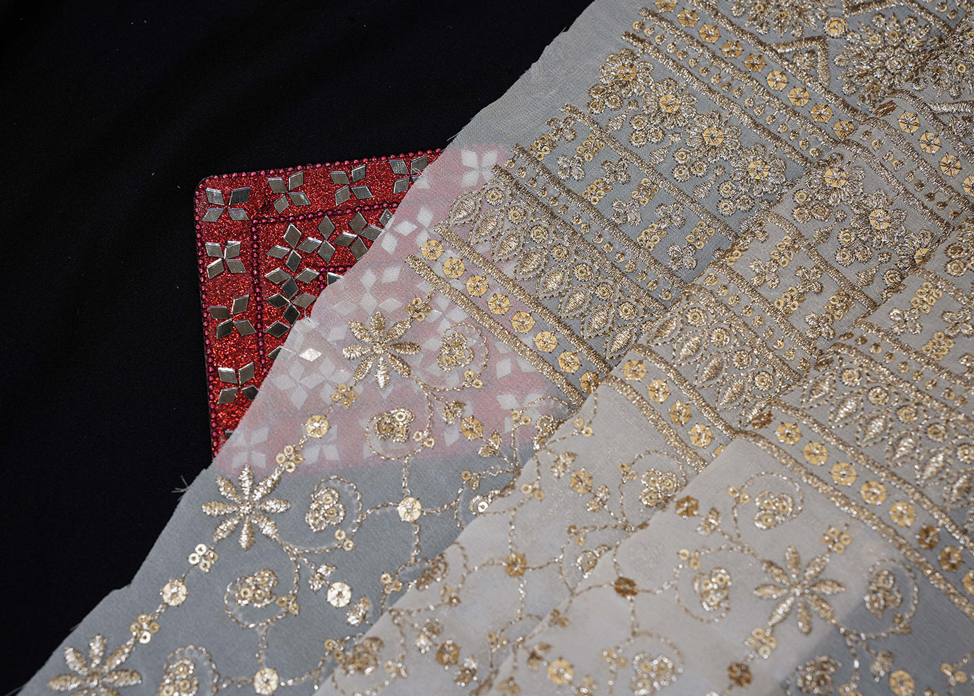 Traditional Pattern Golden Zari With Matte Sequins Embroidered Georgette Fabric With Border