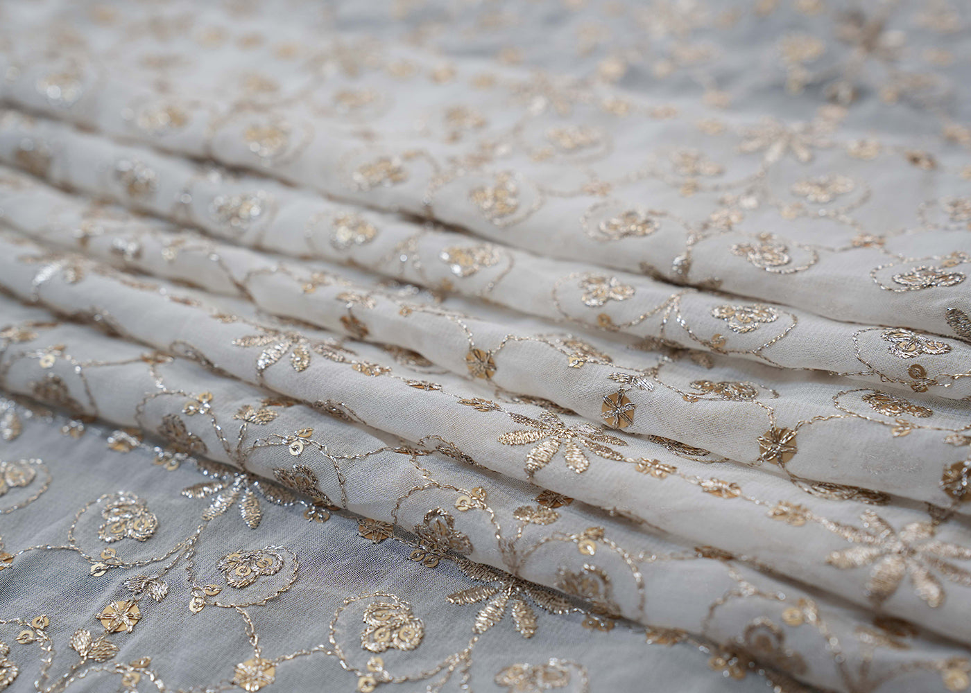 Traditional Pattern Golden Zari With Matte Sequins Embroidered Georgette Fabric With Border