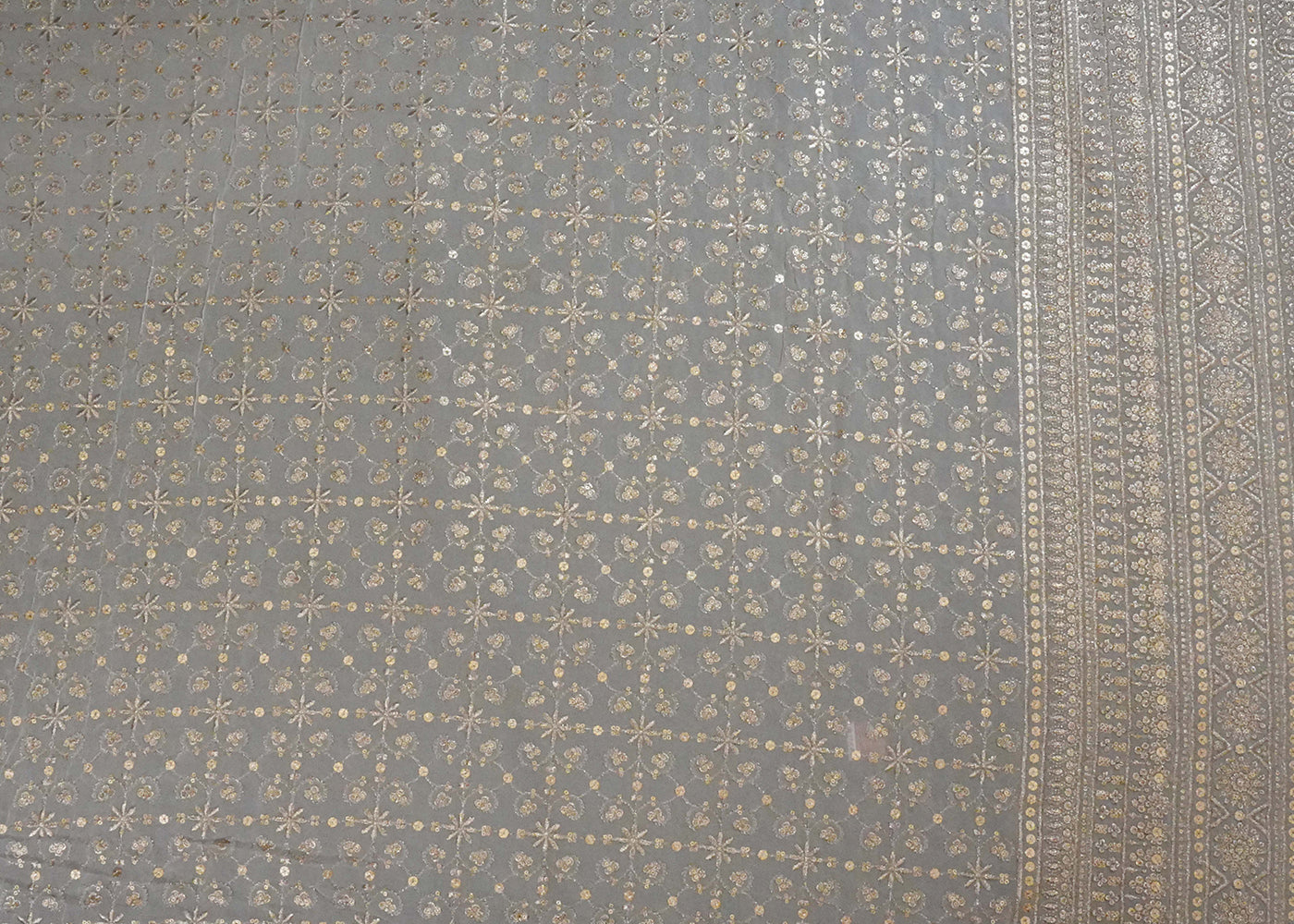 Traditional Pattern Golden Zari With Matte Sequins Embroidered Georgette Fabric With Border