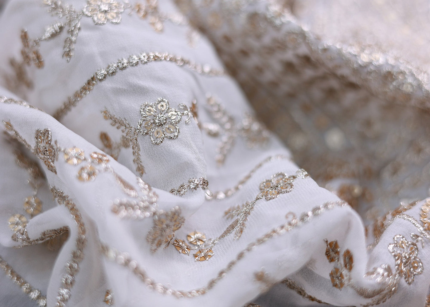 Dyeable Abstract Pattern Zari Sequins Embroidered Georgette Fabric With Border
