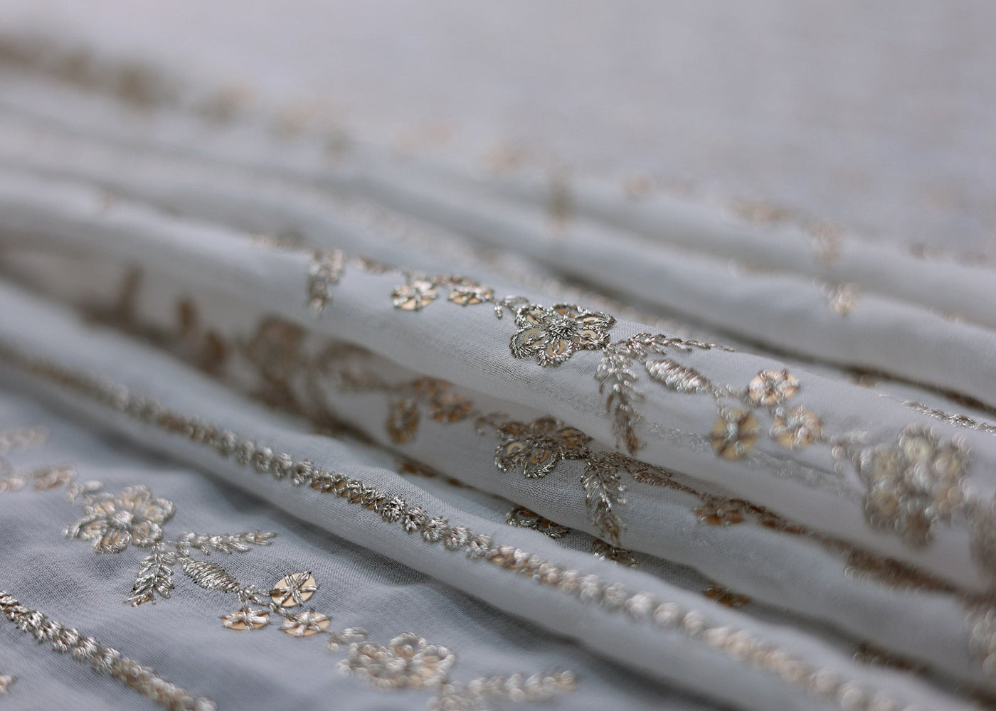 Dyeable Abstract Pattern Zari Sequins Embroidered Georgette Fabric With Border