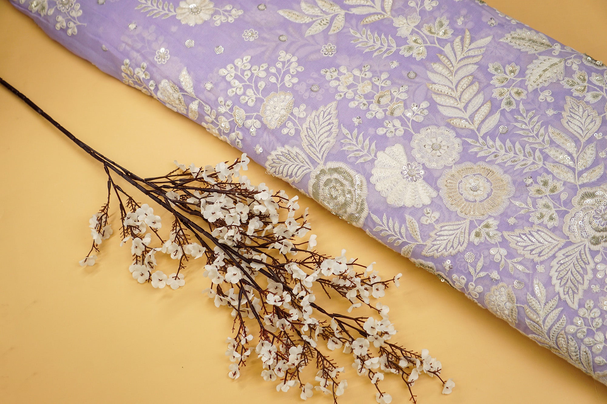 Lavender Georgette with White Threadwork & Silver Floral Sequins- Paras Gallery Fabrics