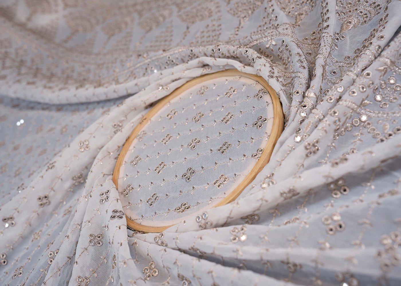 The Noor - White Georgette Fabric With Zari And Faux Mirror Border | 9161