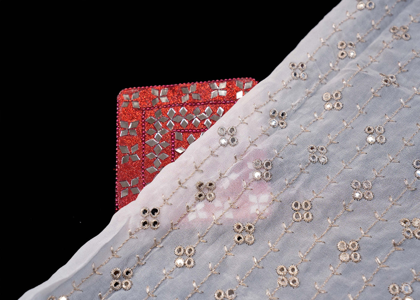 The Noor - White Georgette Fabric With Zari And Faux Mirror Border | 9161