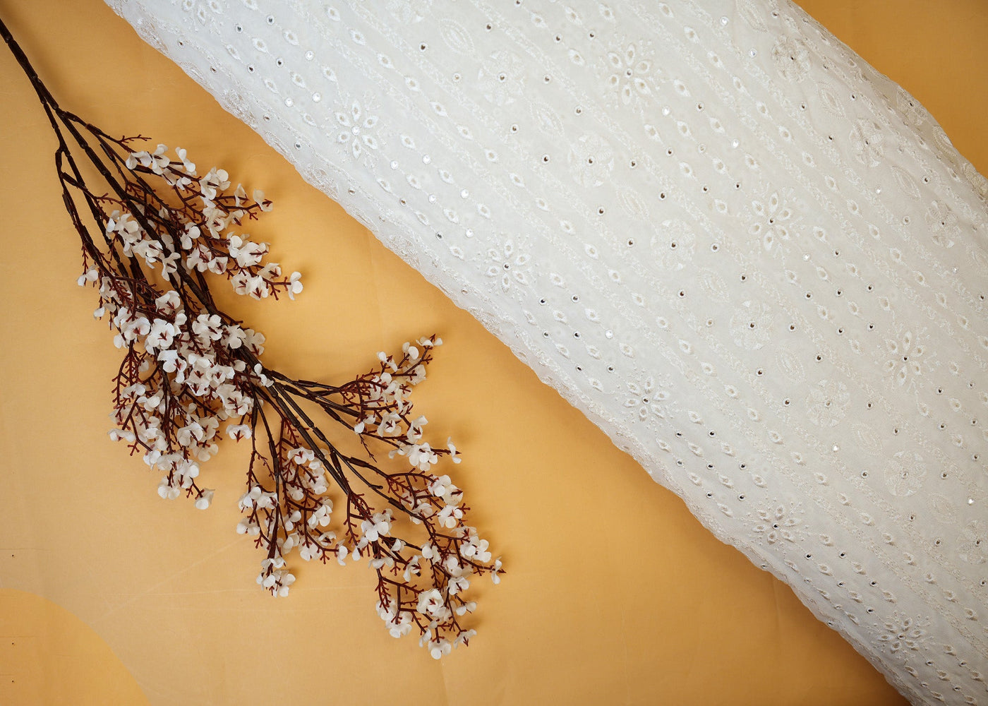 Abstract Pattern White Thread With Faux Mirror Embroidered Georgette Fabric With Border- Paras Gallery Fabrics