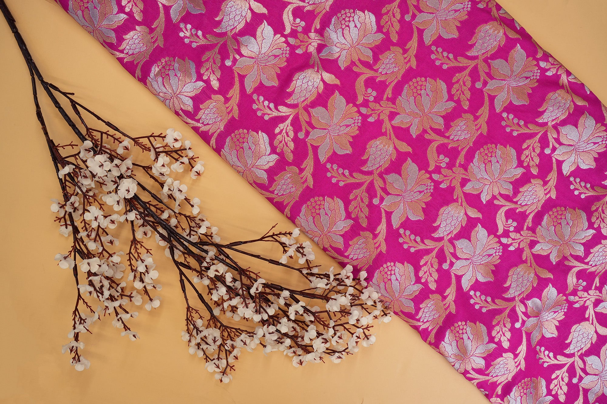 Rani pink colour banarasi brocade fabric with beautiful floral pattern -Paras Gallery Fabrics