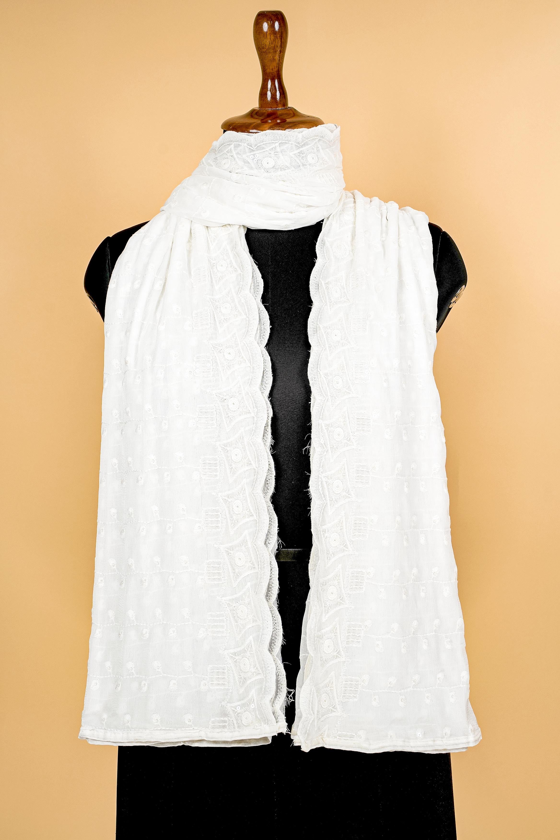 White Dupatta with Thread work, Sequins and Scallop Border