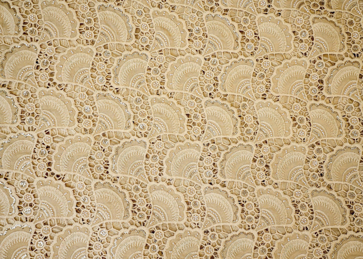 Golden Imported Crepe with Handwork , Threadwork, Sequins, and Scallop Border