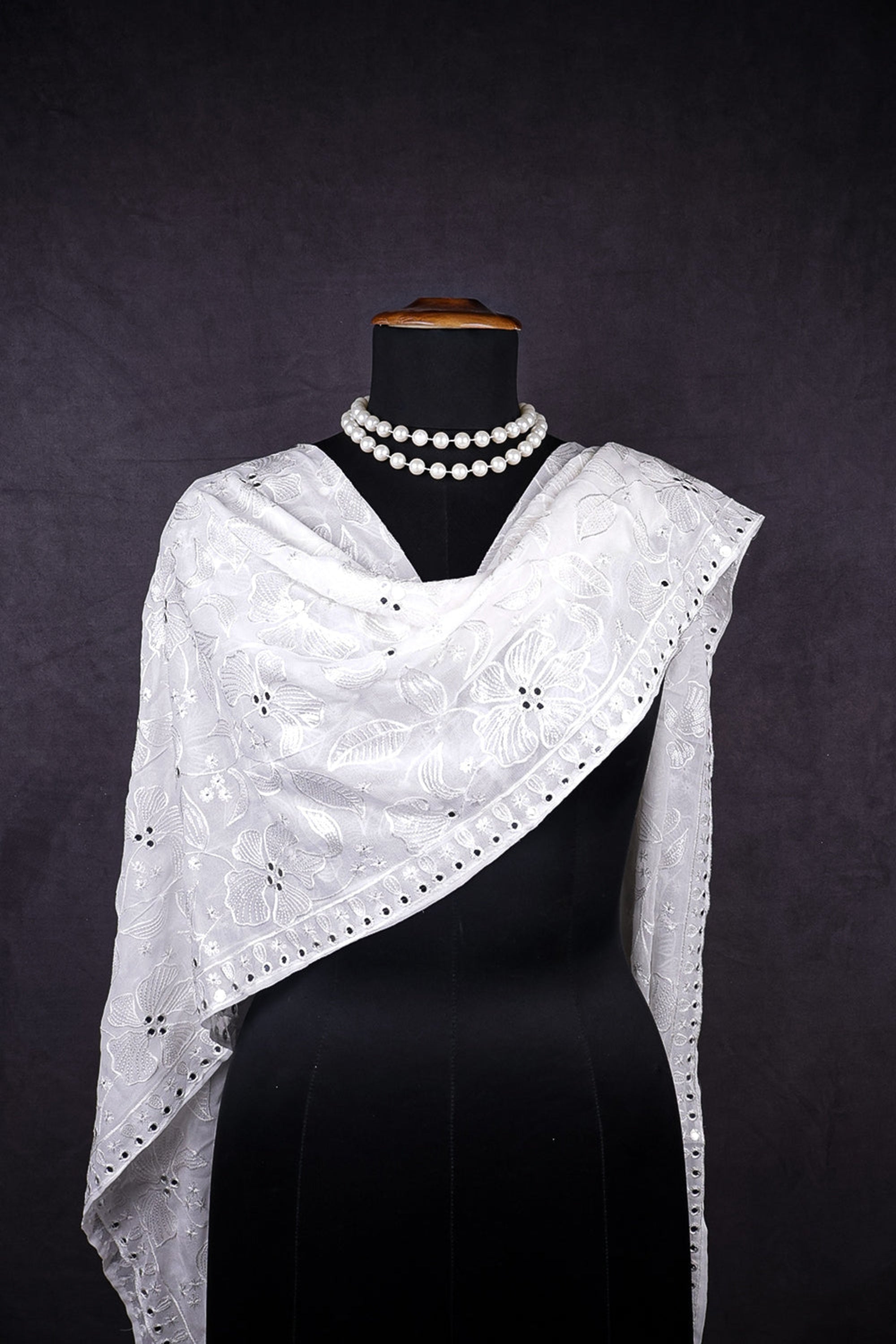 White Dyeable Georgette Dupatta With All Over Thread, Sequins And Faux Mirror Work 614-8