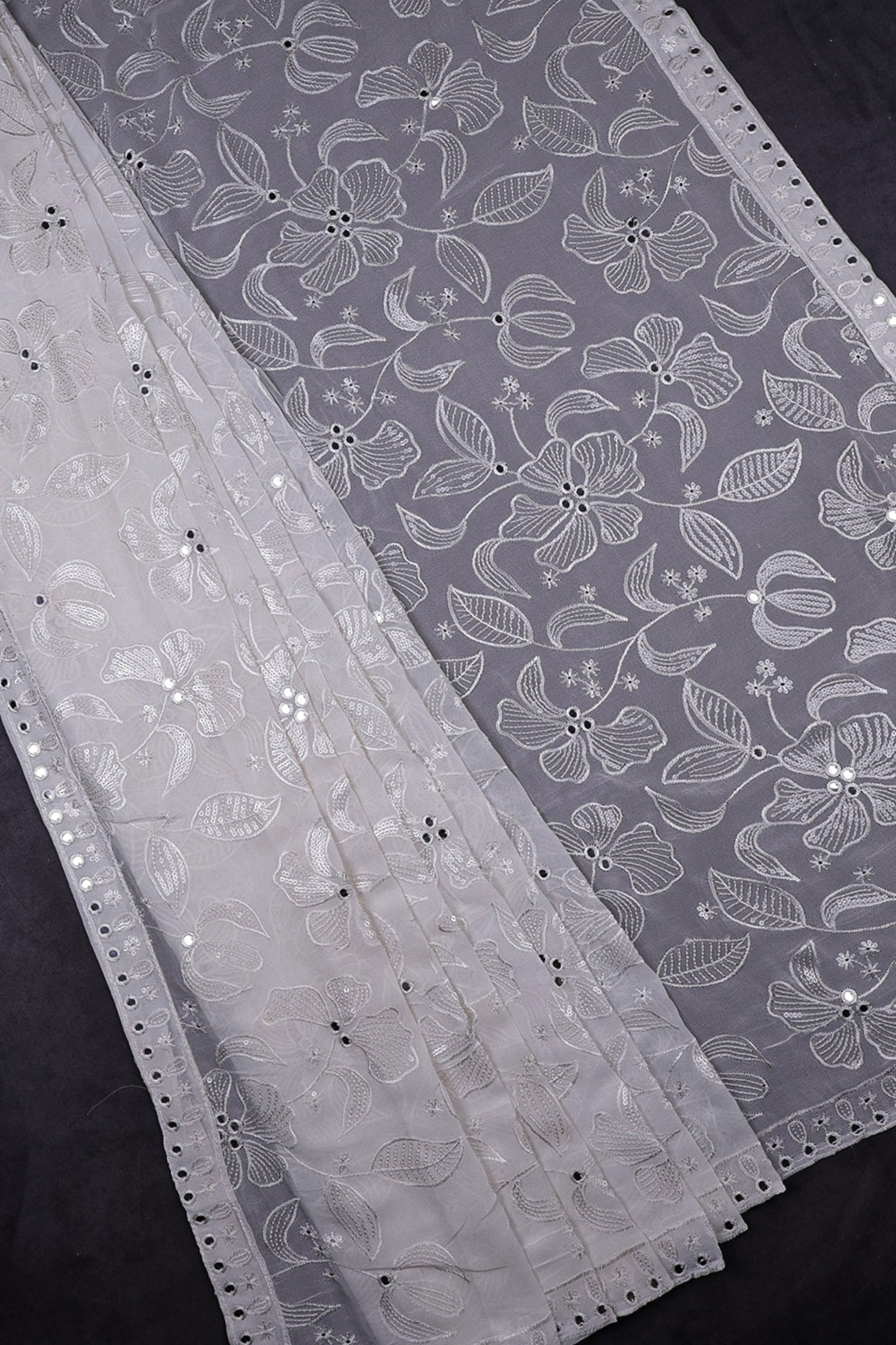 White Dyeable Georgette Dupatta With All Over Thread, Sequins And Faux Mirror Work 614-8