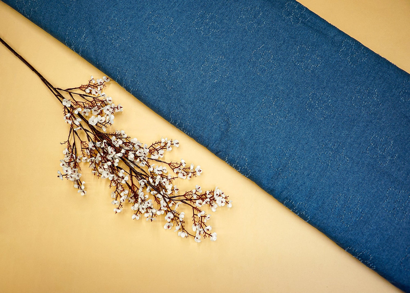 Blue Denim with Stylish Floral Dobby Detailing