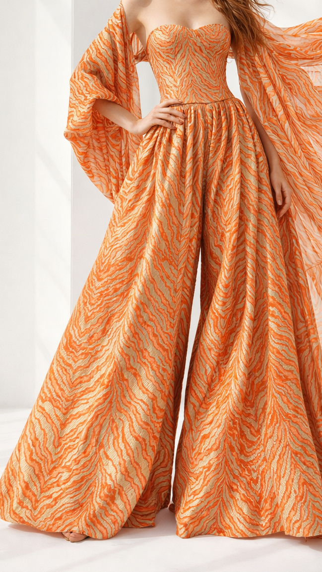 Orange Banarasi Brocade Fabric With All Over Zari Handloom 21668