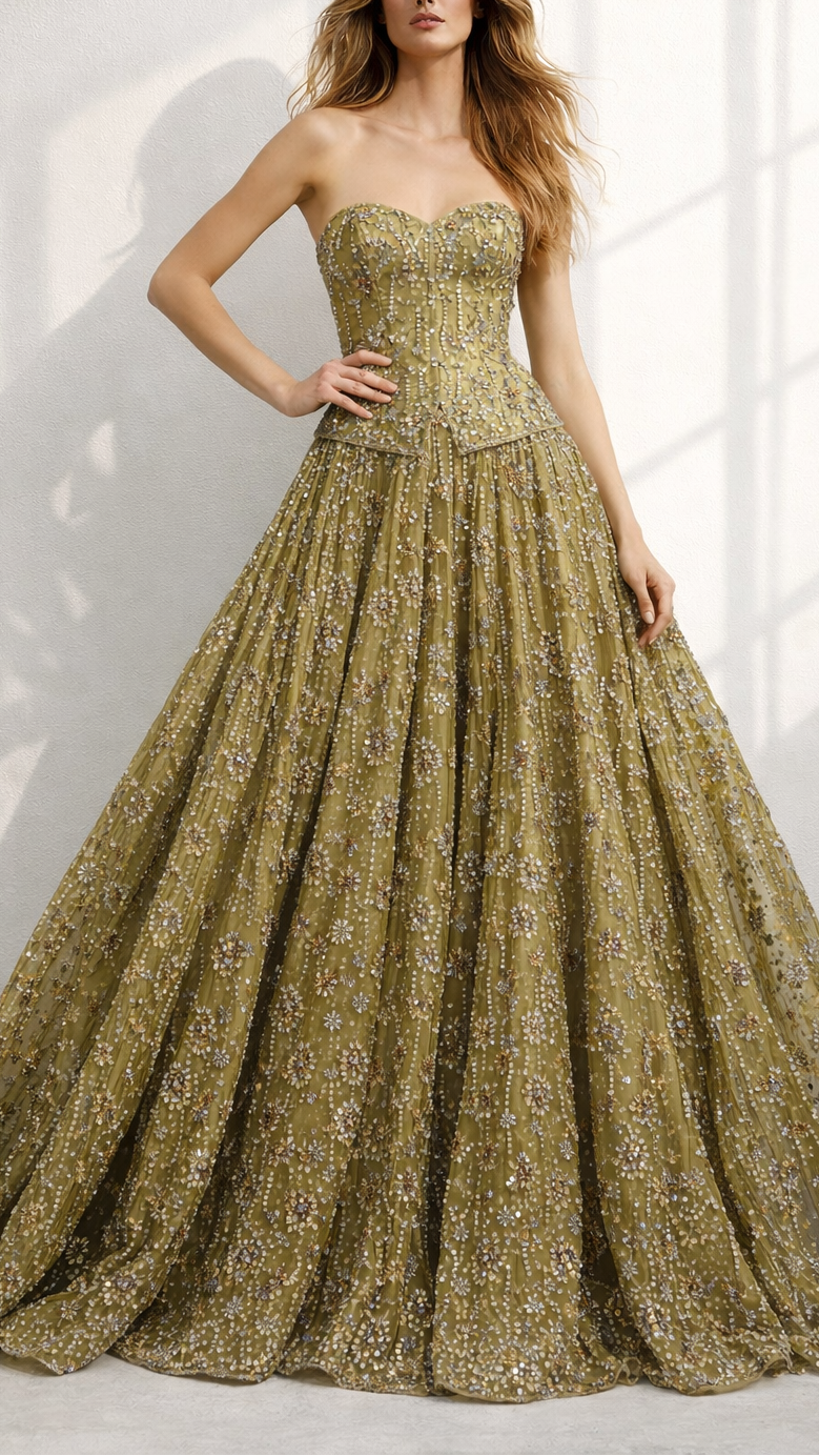Imported Mehendi Net Fabric with Allover Sequins, Beads & Katdana Work