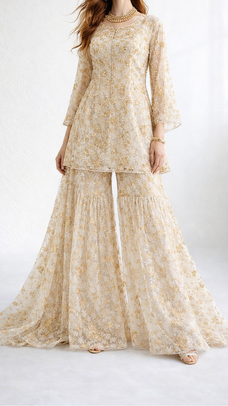 White Dyeable Net Fabric With All Over Zari, Beads, Sequins And Katdana Work 22272