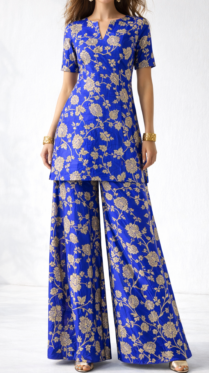 Royal Blue Banarasi Brocade Fabric With All Over Zari Handloom 22228