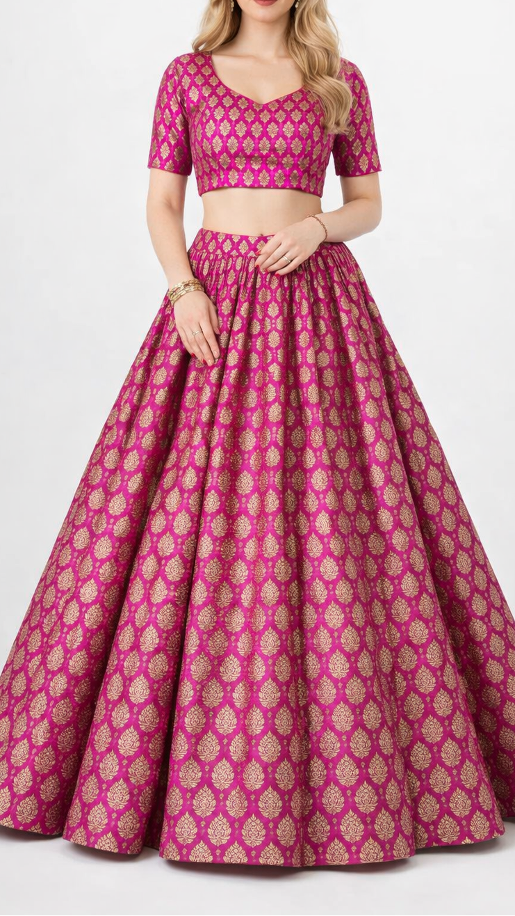 Purple Banarasi Brocade Fabric With All Over Golden Zari Handloom 22434