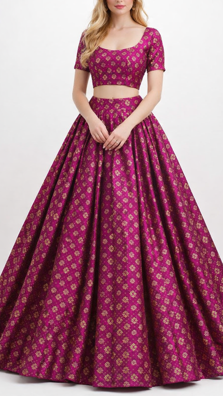 Purple Banarasi Brocade Fabric With All Over Golden Zari Handloom 22441