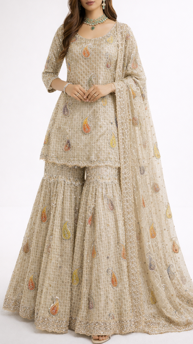 Golden Imported Tissue Fabric With All Over Sequins, Katdana, Bead, Patch And Cutwork 22476