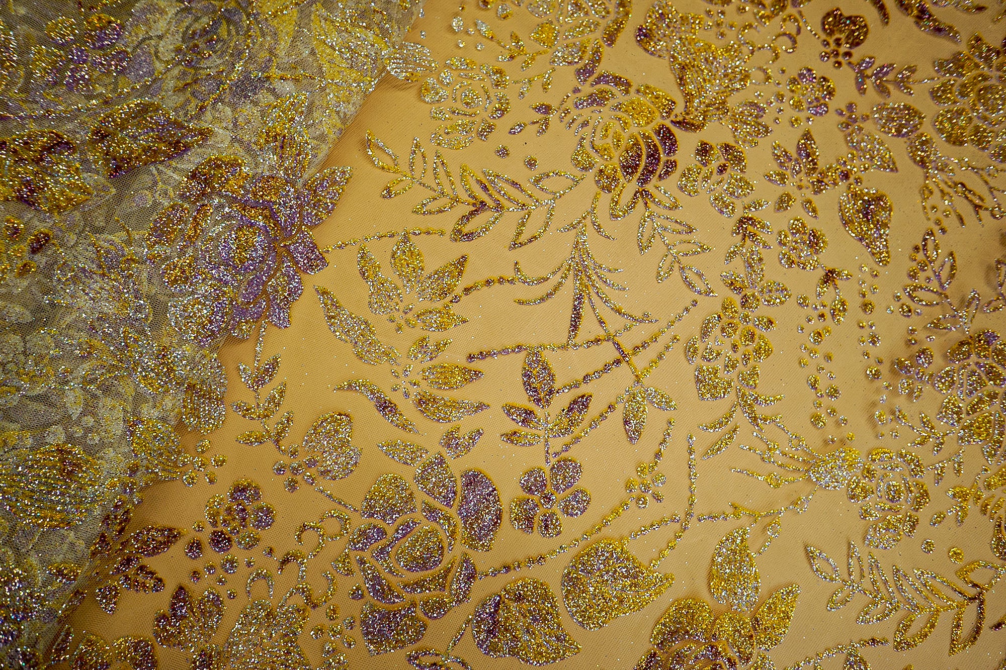 Yellow Net with Allover Floral Glitter Embellishments