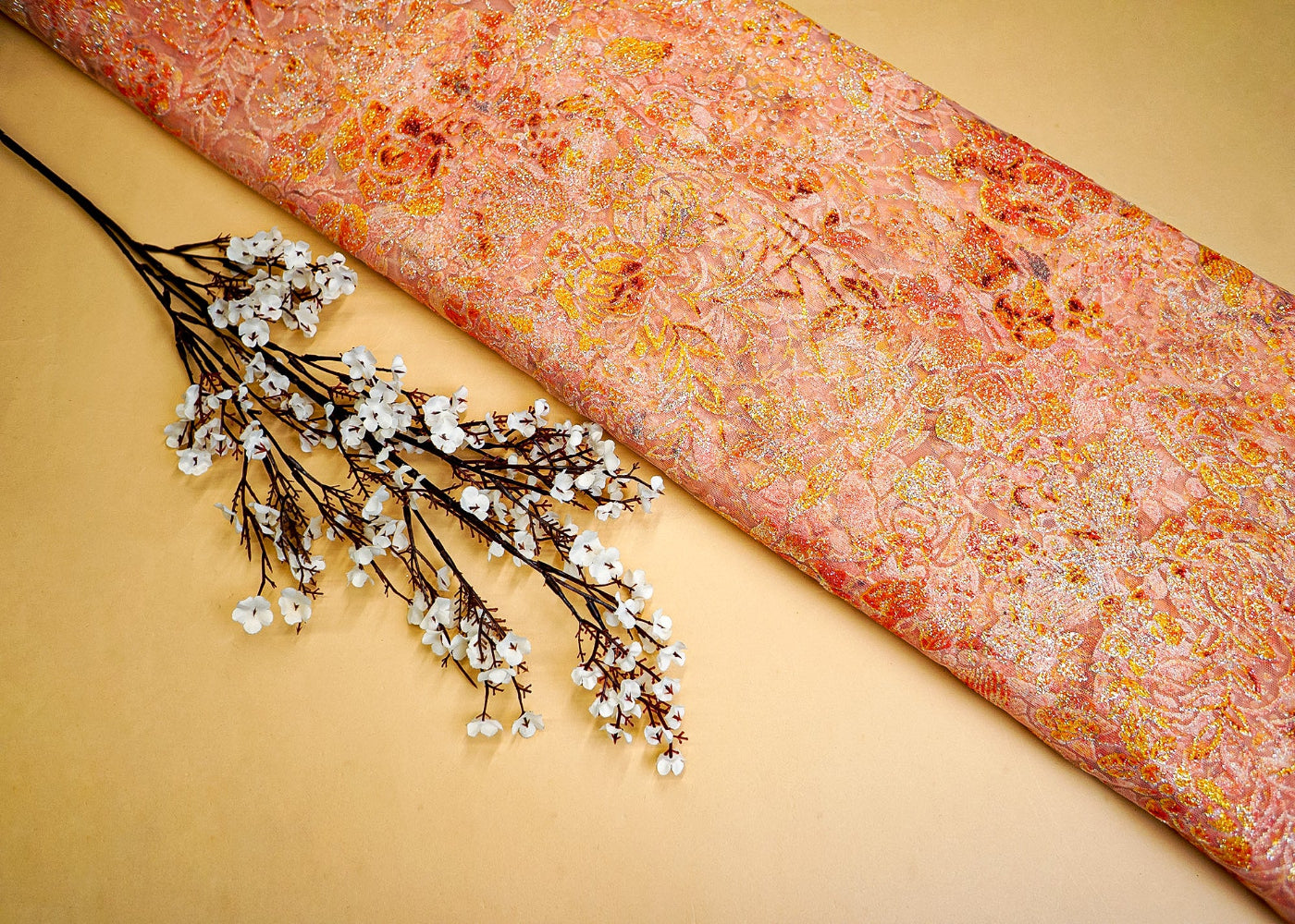 Peach Net with Allover Floral Glitter Embellishments