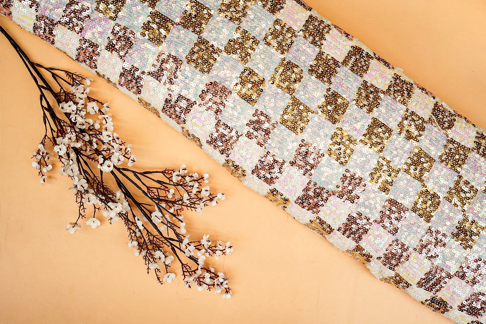 Multi colour geometric pattern lycra net with multi colour sequence work- Paras Gallery Fabrics