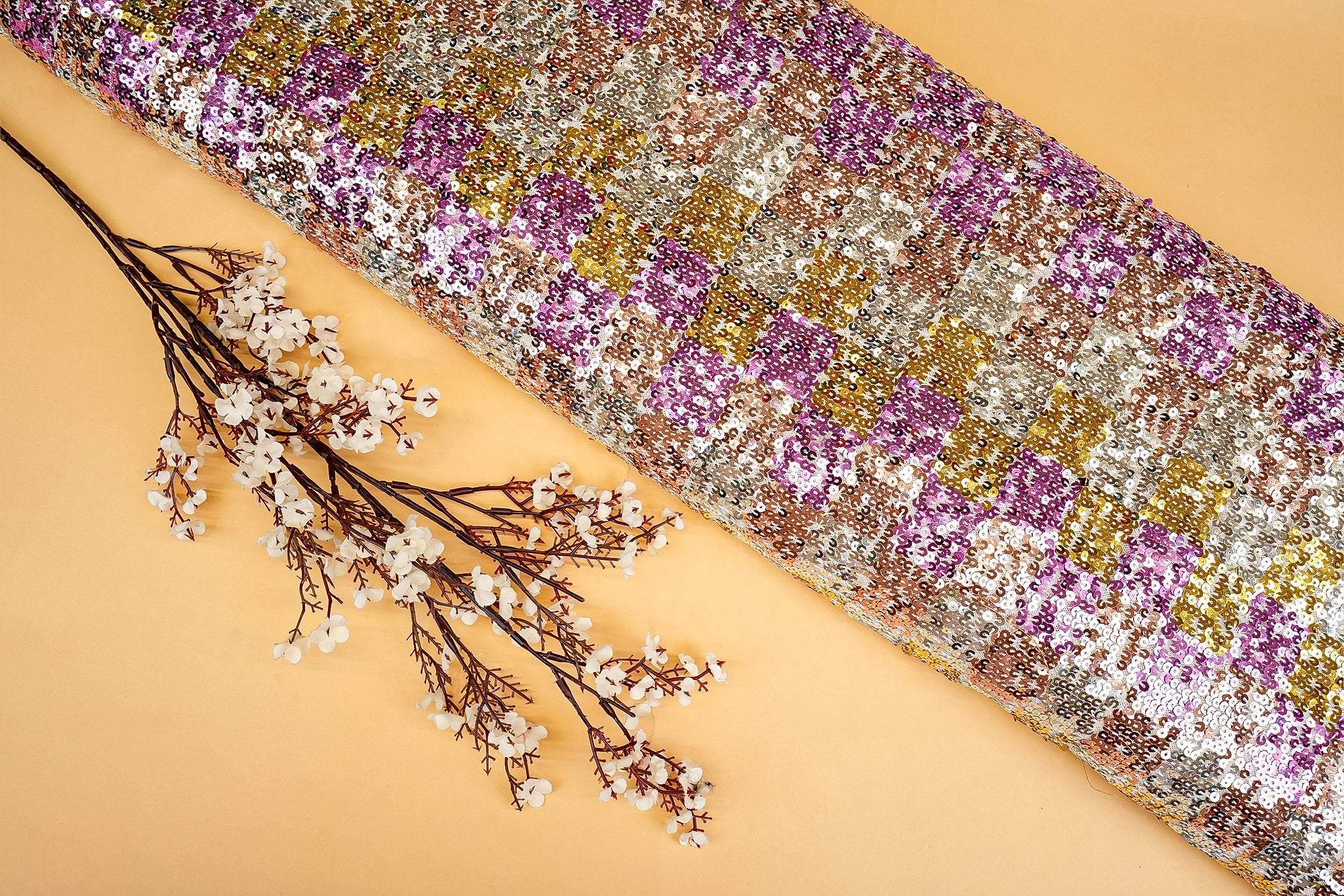 Multi colour geometric pattern lycra net with multi colour sequence work - Paras Gallery Fabrics