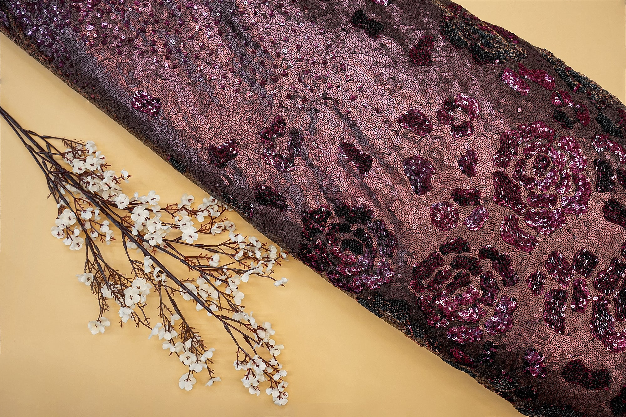 Floral Pattern White Thread with Rainbow Sequins & Golden Zari Embroidered Georgette