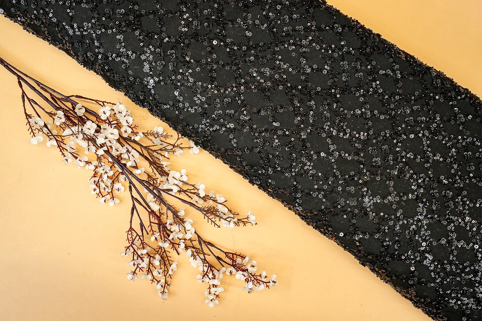 Black geometric pattern lycra net with sequiuns work- Paras Gallery Fabrics