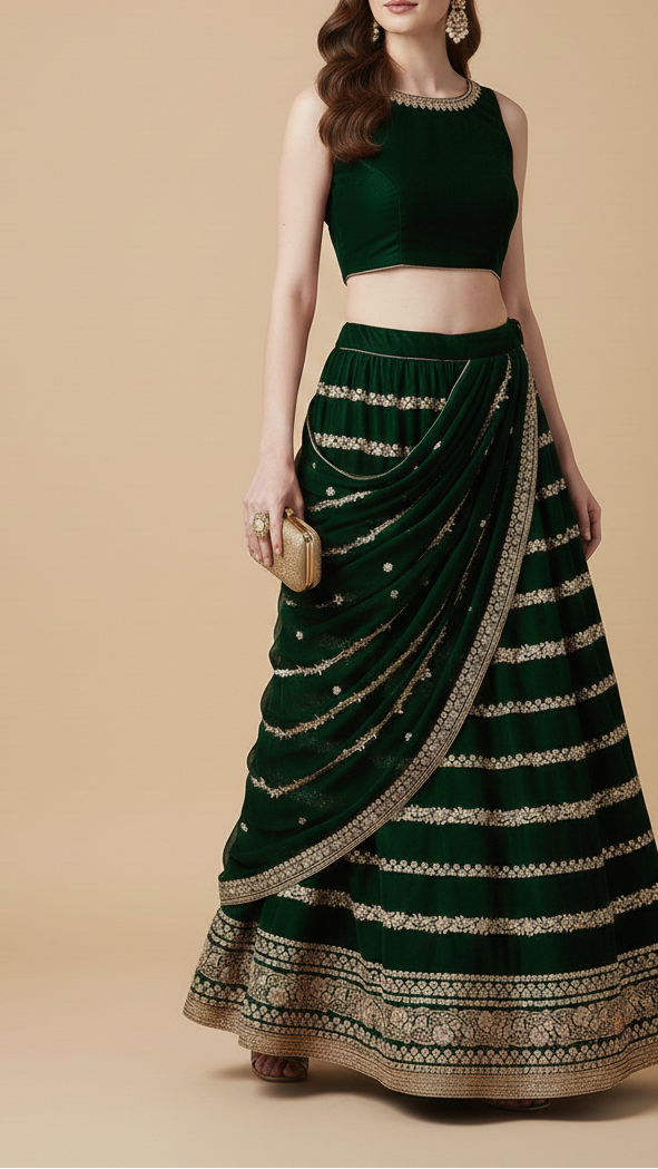 Bottle Green Velvet Fabric With All Over Golden Zari Work And One Side Border 20535