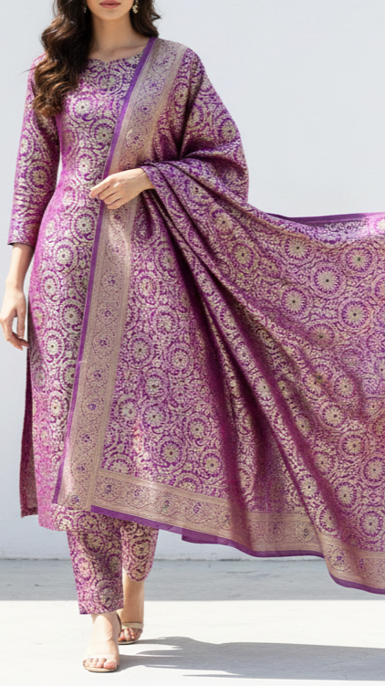 Purple Banarasi Brocade Fabric With All Over Thread And Zari Handloom 20942