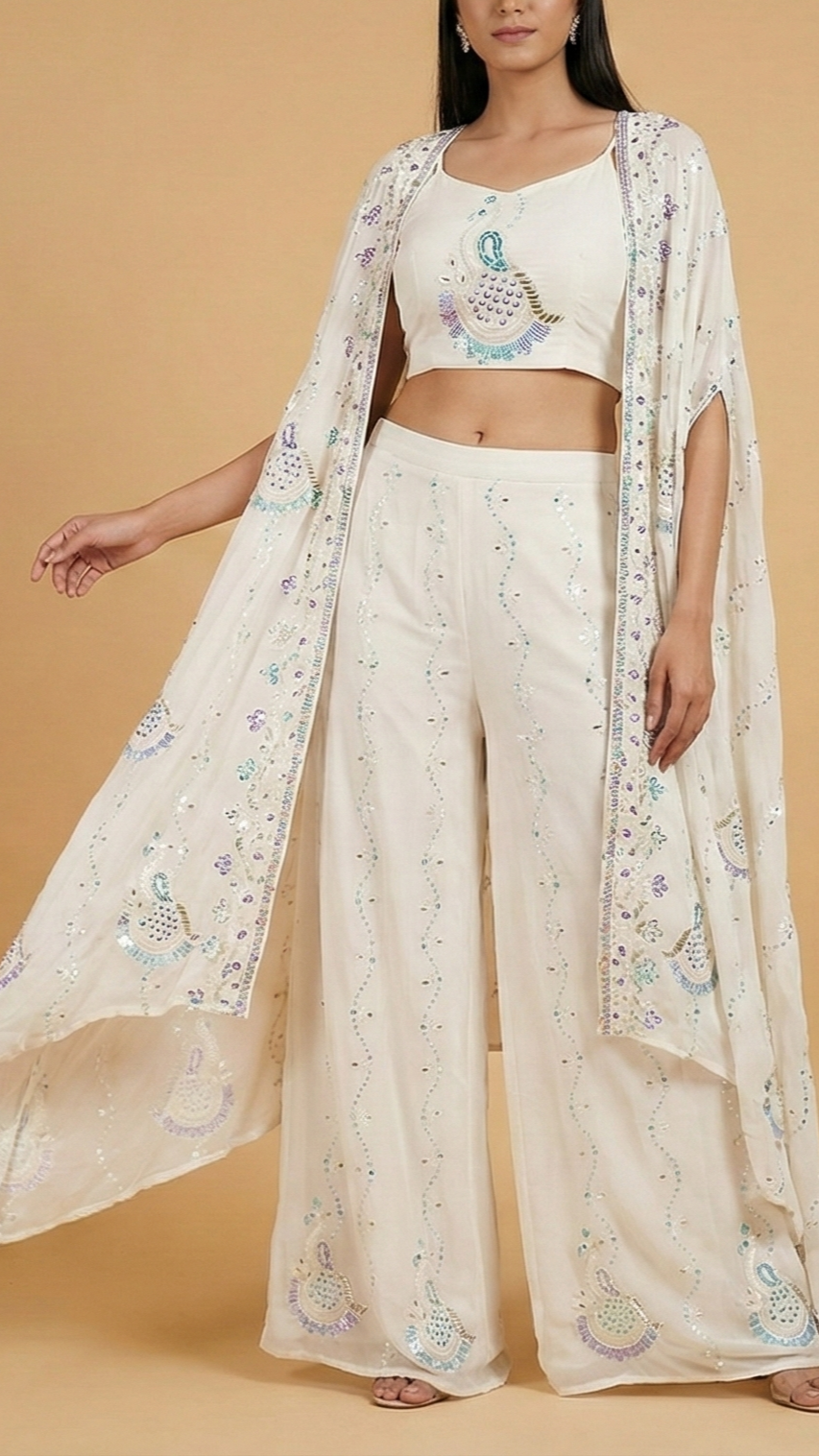 The Noor - White Georgette Peacock Symphony Fabric with Rainbow Sequins, Kutdana, Beads, and Threadwork | 11670