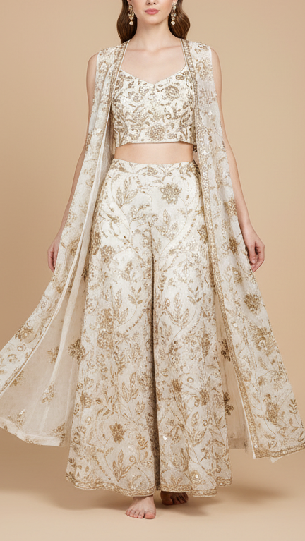 White Dyeable Chinon Chiffon Fabric With All Over Katdana, Sequins And Bead Work 19982