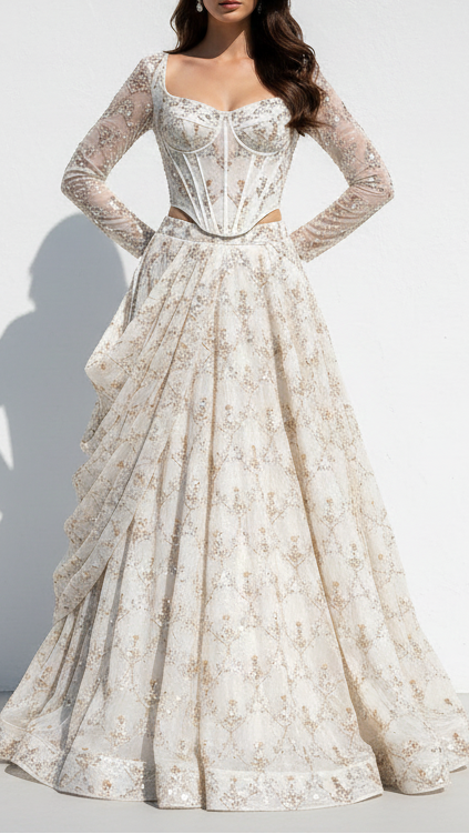 White Dyeable Crepe Fabric With All Over Zari, Katdana And Sequins Work 20972