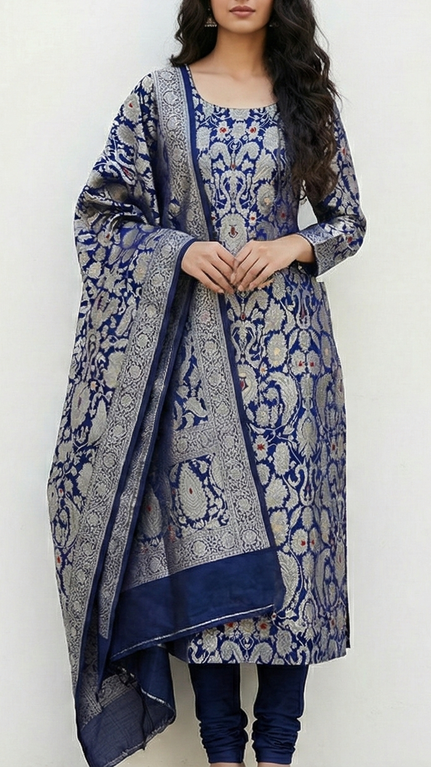 Navy Blue Pure Banarasi Brocade Fabric With All Over Thread And Zari Handloom 20780