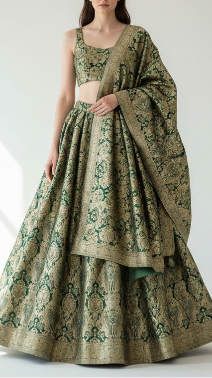 Dark Green Banarasi Brocade Fabric With All Over Thread And Zari Handloom 21281