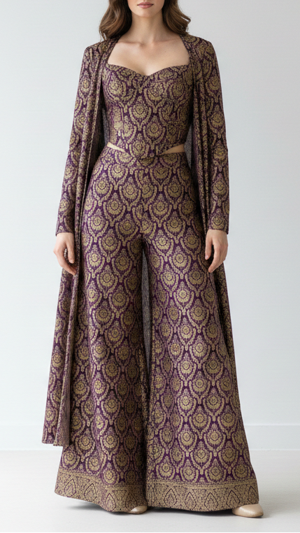 Plum Banarasi Brocade Fabric With All Over Thread And Golden Zari Handloom 21823