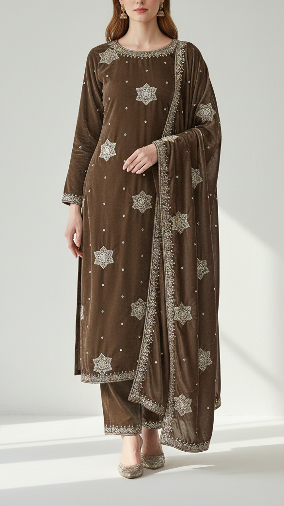 Coffee Velvet Fabric With All Over Buti Of Sequins, Katdana and Bead Work 20986