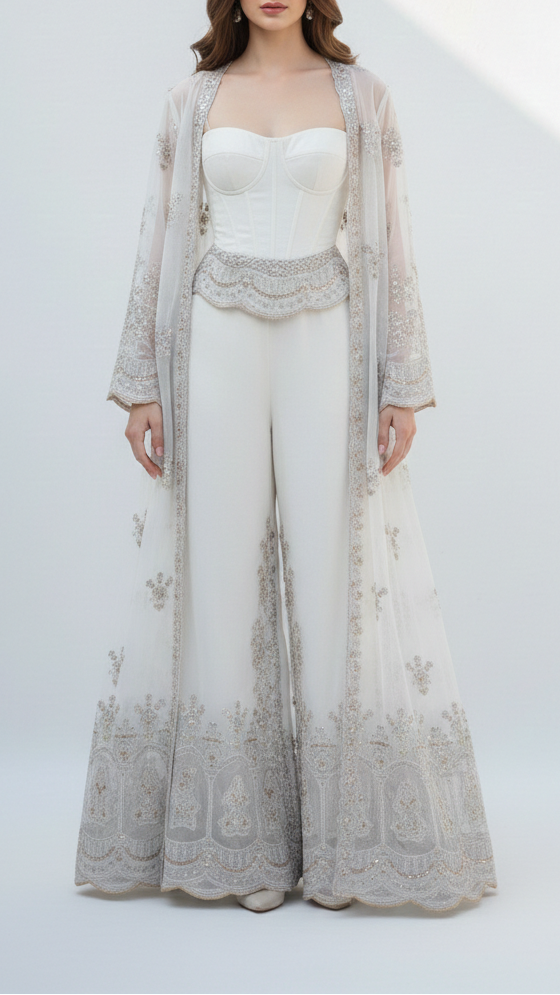 White Dyeable Georgette Fabric With All Over Katdana, Sequins, Zari And One Side Net Cutwork Border 19010