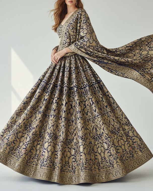 Navy Blue Pure Banarasi Brocade Fabric With Allover Golden Zari Handloom 16161